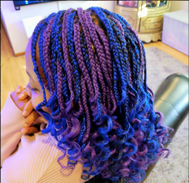 Blue and purple braids on a girl