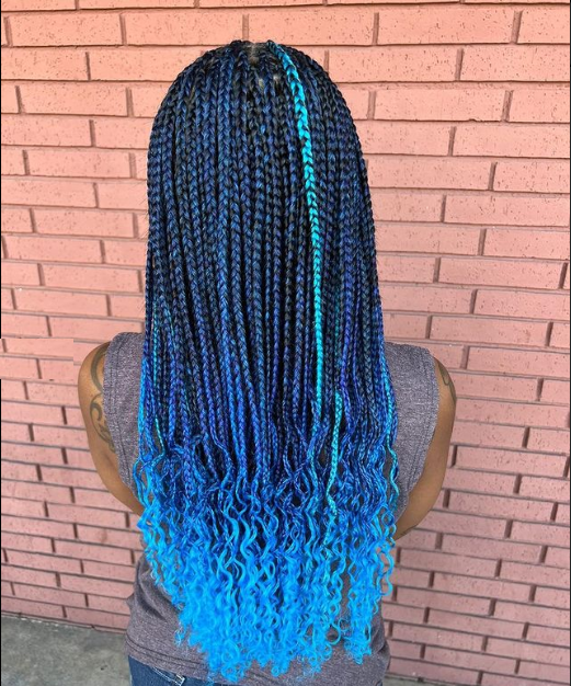 Long blue braids, curls on the last