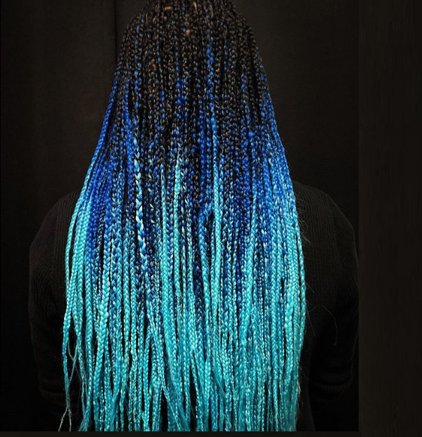 Blue ombre braids shown, back of a girl