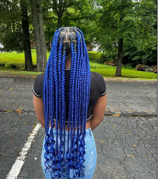 Blue box braids, back of a girl